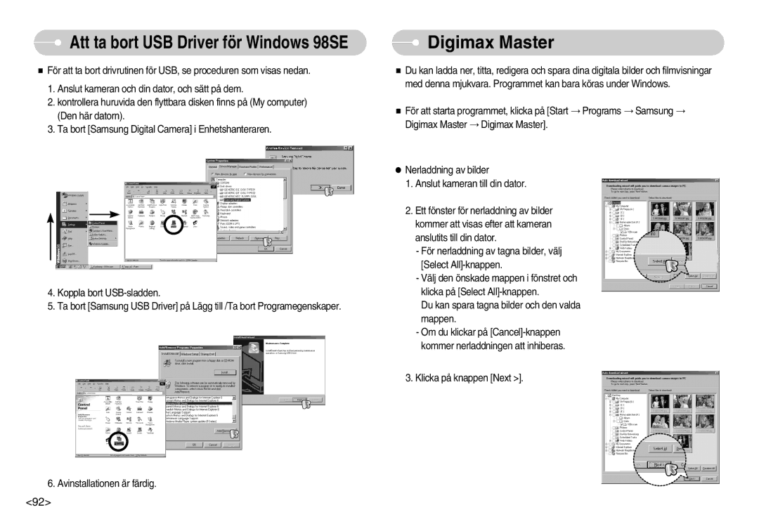 Samsung EC-S1050SDA/DE, EC-S1050BDA/DE, EC-S1050SBB/E2 manual Digimax Master, Att ta bort USB Driver för Windows 98SE 