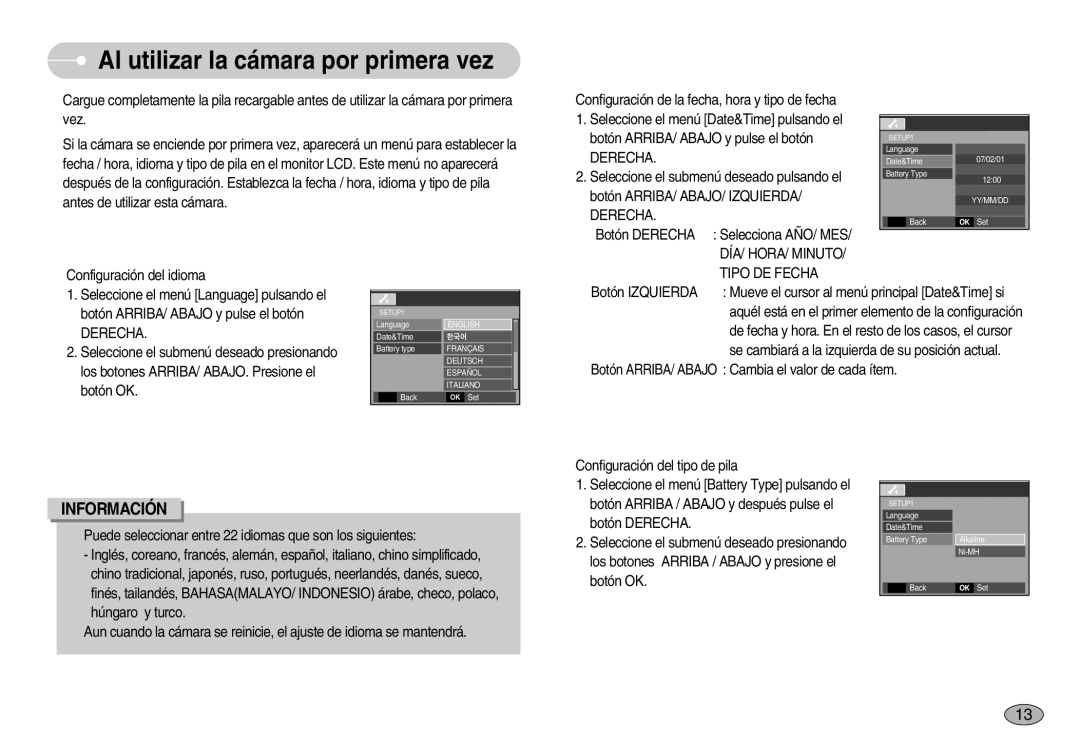 Samsung EC-S1050BBA/E1, EC-S1050BDA/DE, EC-S1050SDA/DE, EC-S1050SBA/E1 manual Derecha, DÍA/ HORA/ Minuto, Tipo DE Fecha 