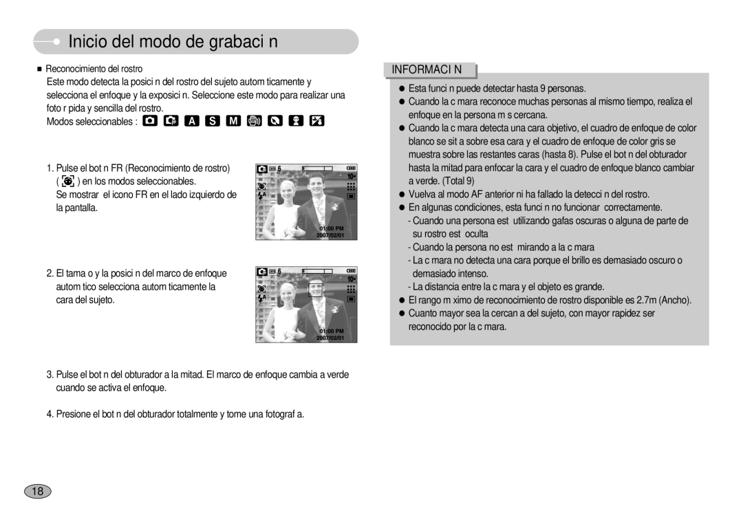 Samsung EC-S1050SDA/DE, EC-S1050BDA/DE, EC-S1050BBA/E1, EC-S1050SBA/E1, EC-S1050BDB/AS manual Inicio del modo de grabación 