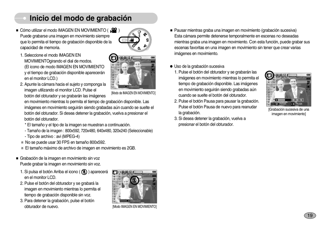 Samsung EC-S1050BBA/E1, EC-S1050BDA/DE, EC-S1050SDA/DE, EC-S1050SBA/E1 manual Grabación sucesiva de una Imagen en movimiento 