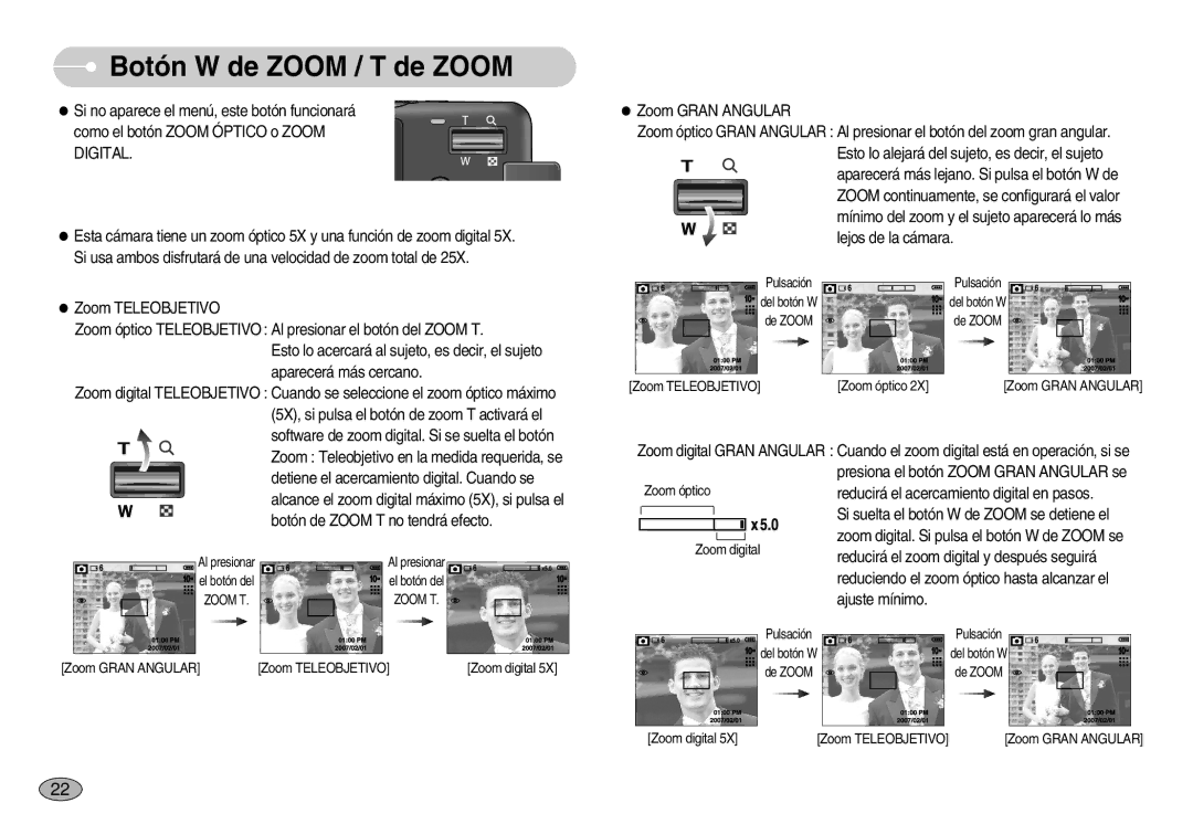 Samsung EC-S1050SBC/AS, EC-S1050BDA/DE, EC-S1050SDA/DE, EC-S1050BBA/E1, EC-S1050SBA/E1 manual Botón W de Zoom / T de Zoom 