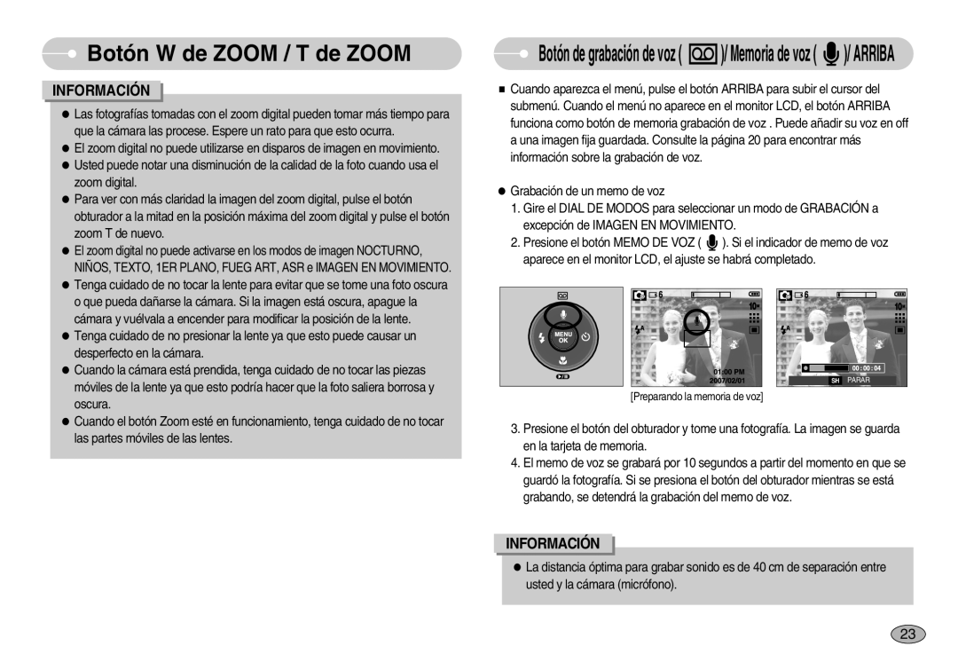 Samsung EC-S1050BDA/DE, EC-S1050SDA/DE, EC-S1050BBA/E1, EC-S1050SBA/E1 Botón de grabación de voz / Memoria de voz / Arriba 