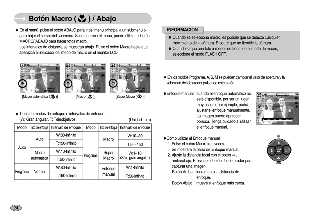 Samsung EC-S1050SDA/DE, EC-S1050BDA/DE, EC-S1050BBA/E1, EC-S1050SBA/E1, EC-S1050BDB/AS, EC-S1050SBC/AS Botón Macro / Abajo 