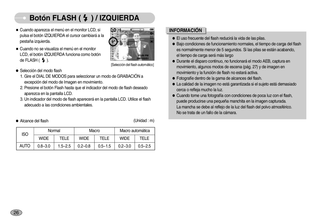 Samsung EC-S1050SBA/E1, EC-S1050BDA/DE, EC-S1050SDA/DE, EC-S1050BBA/E1 manual Botón Flash / Izquierda, Wide Tele Auto 