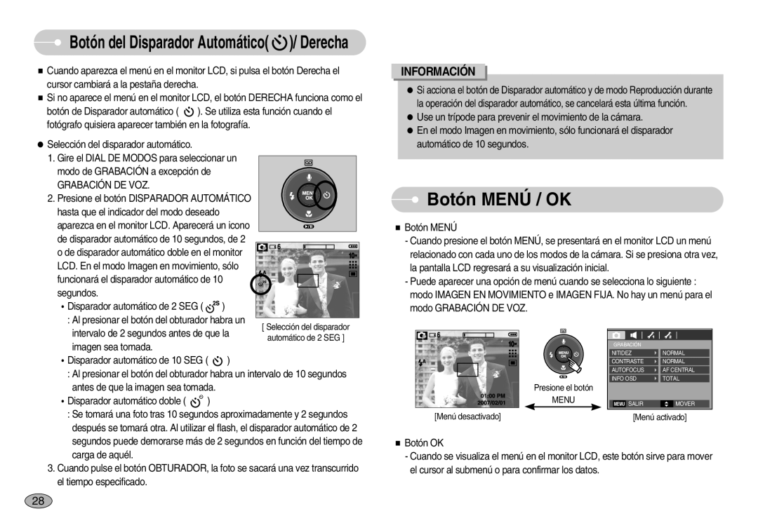 Samsung EC-S1050SBC/AS, EC-S1050BDA/DE, EC-S1050SDA/DE, EC-S1050BBA/E1, EC-S1050SBA/E1 manual Botón Menú / OK, Grabación DE VOZ 