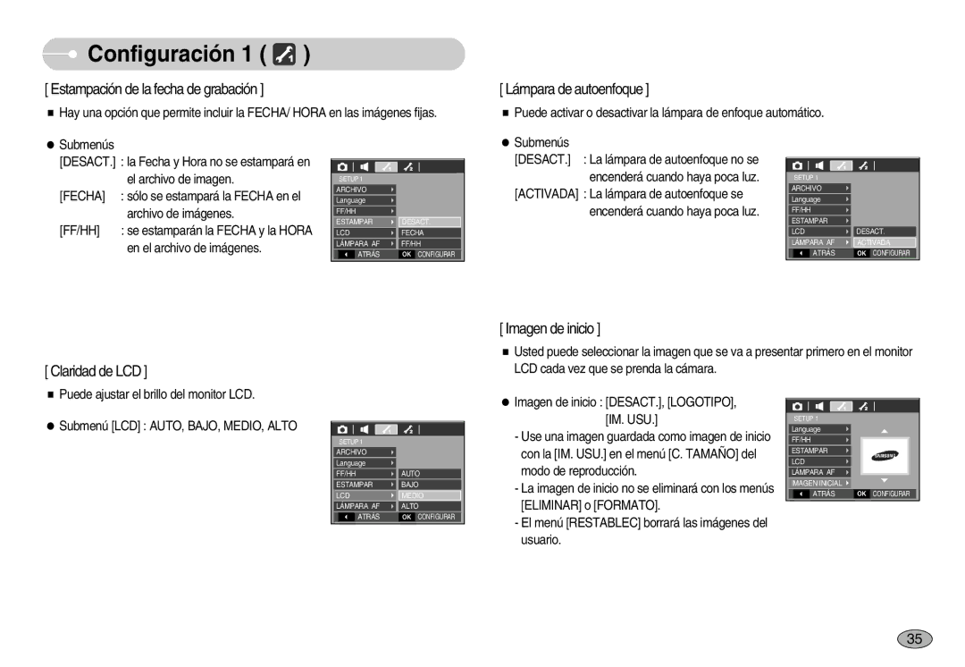 Samsung EC-S1050BDA/DE, EC-S1050SDA/DE, EC-S1050BBA/E1, EC-S1050SBA/E1, EC-S1050BDB/AS manual Lámpara de autoenfoque, Ff/Hh 