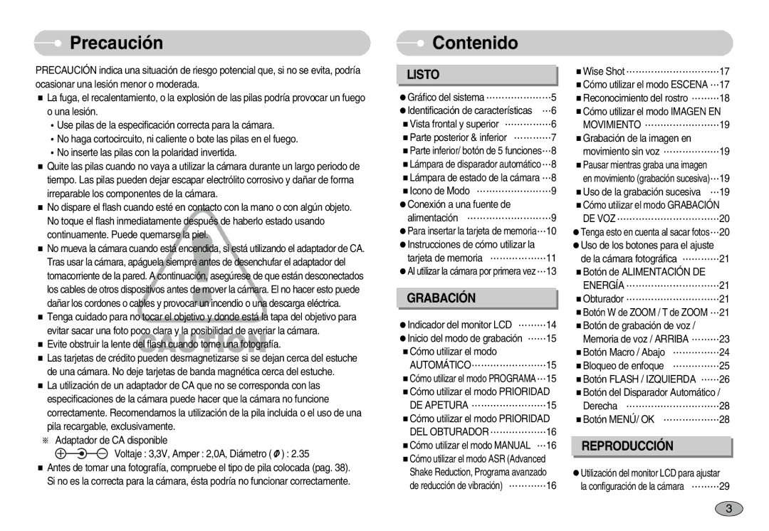 Samsung EC-S1050BDB/AS, EC-S1050BDA/DE, EC-S1050SDA/DE, EC-S1050BBA/E1 manual Precaución, Contenido, DEL OBTURADOR………………16 