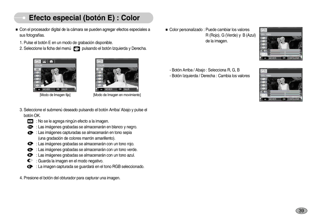 Samsung EC-S1050BDB/AS, EC-S1050BDA/DE, EC-S1050SDA/DE, EC-S1050BBA/E1, EC-S1050SBA/E1 manual Efecto especial botón E Color 