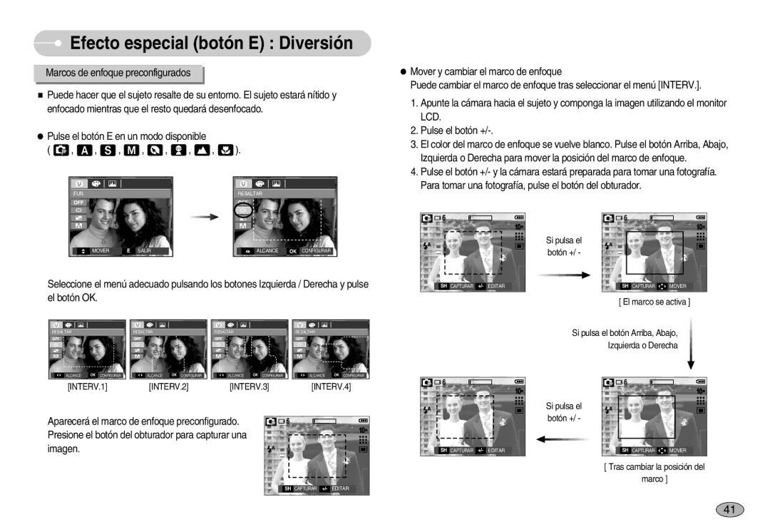 Samsung EC-S1050BDA/DE, EC-S1050SDA/DE, EC-S1050BBA/E1, EC-S1050SBA/E1, EC-S1050BDB/AS Efecto especial botón E Diversión, Lcd 