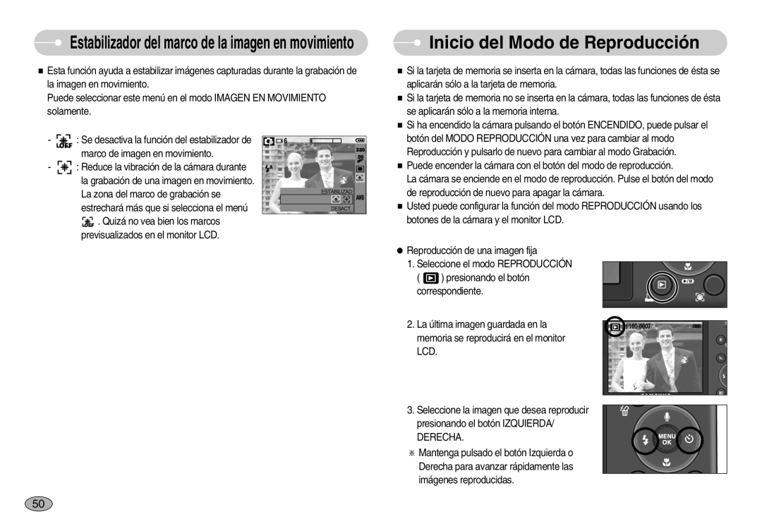 Samsung EC-S1050SBA/E1, EC-S1050BDA/DE Inicio del Modo de Reproducción, Estabilizador del marco de la imagen en movimiento 