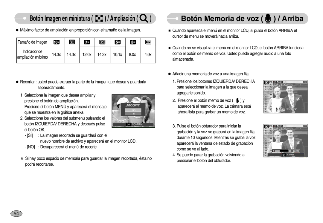 Samsung EC-S1050SDA/DE, EC-S1050BDA/DE, EC-S1050BBA/E1, EC-S1050SBA/E1, EC-S1050BDB/AS manual Botón Memoria de voz / Arriba 