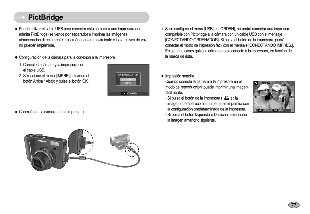 Samsung EC-S1050BDA/DE, EC-S1050SDA/DE, EC-S1050BBA/E1, EC-S1050SBA/E1, EC-S1050BDB/AS, EC-S1050SBC/AS manual PictBridge 