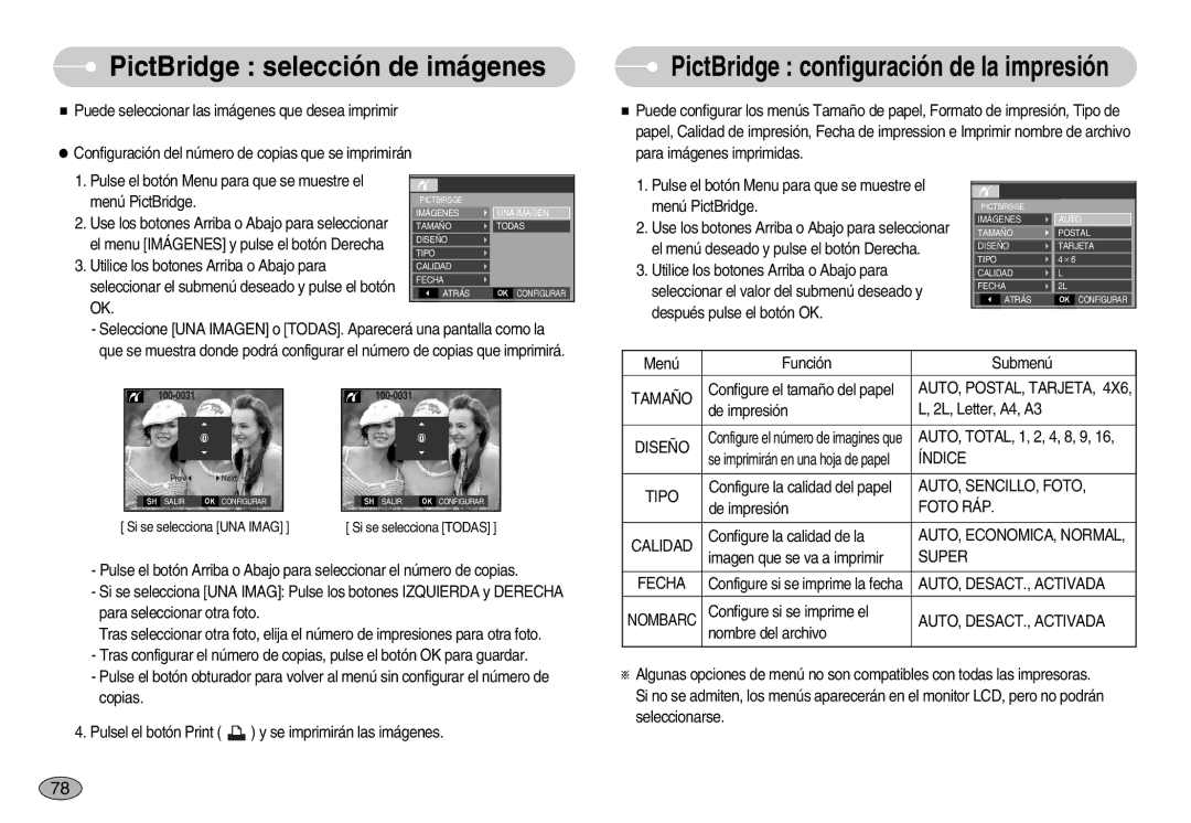 Samsung EC-S1050SDA/DE, EC-S1050BDA/DE, EC-S1050BBA/E1, EC-S1050SBA/E1, EC-S1050BDB/AS manual PictBridge selección de imágenes 