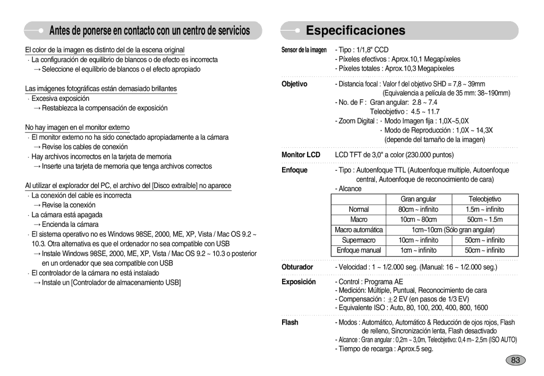 Samsung EC-S1050BDA/DE, EC-S1050SDA/DE, EC-S1050BBA/E1, EC-S1050SBA/E1, EC-S1050BDB/AS manual Especificaciones, Objetivo 