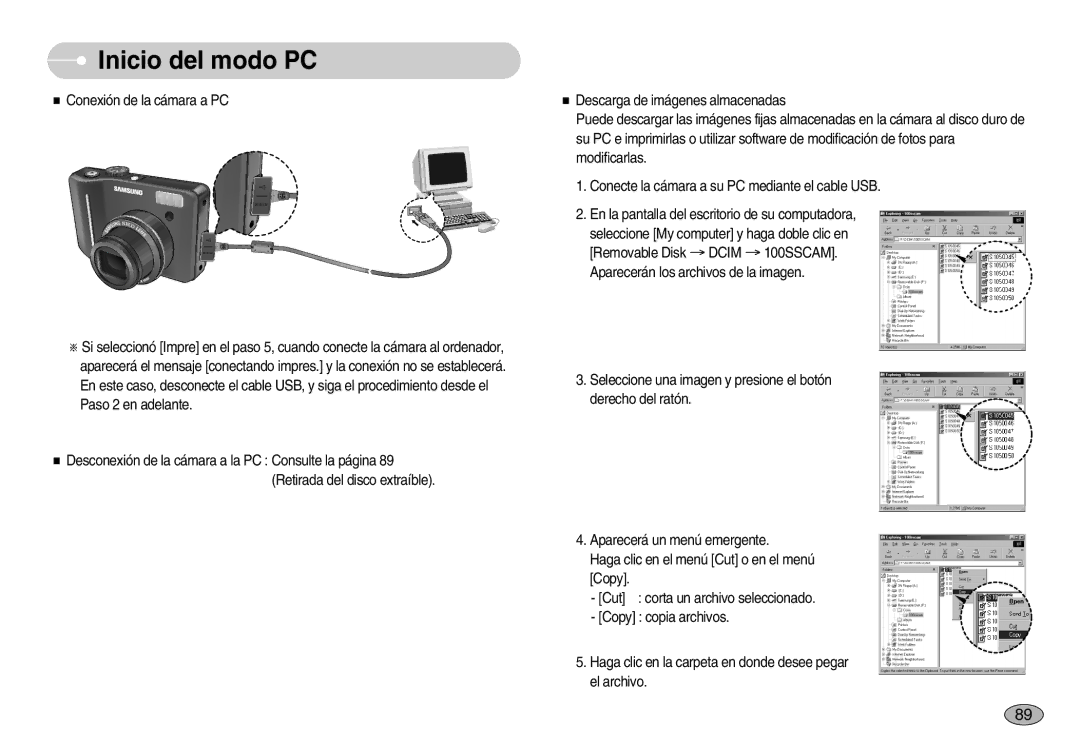 Samsung EC-S1050BDA/DE, EC-S1050SDA/DE, EC-S1050BBA/E1, EC-S1050SBA/E1, EC-S1050BDB/AS, EC-S1050SBC/AS manual Inicio del modo PC 