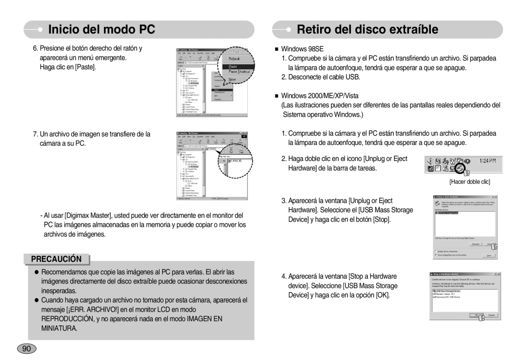 Samsung EC-S1050SDA/DE, EC-S1050BDA/DE, EC-S1050BBA/E1, EC-S1050SBA/E1, EC-S1050BDB/AS Retiro del disco extraíble, Precaución 