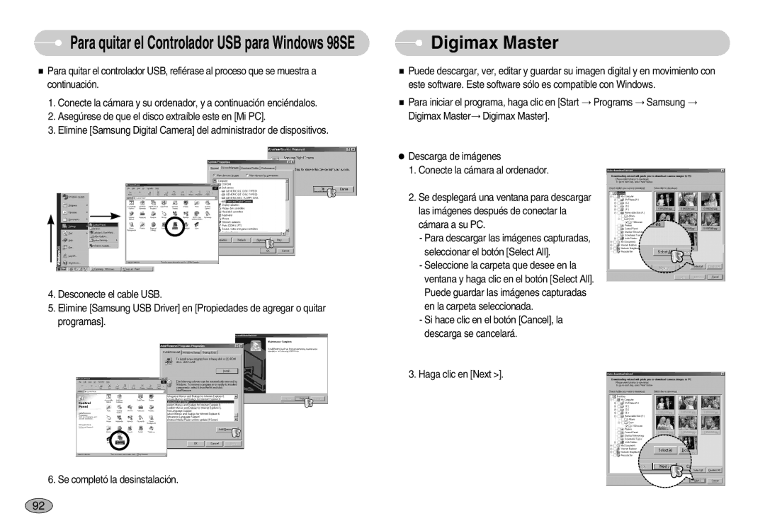 Samsung EC-S1050SBA/E1, EC-S1050BDA/DE, EC-S1050SDA/DE Digimax Master, Para quitar el Controlador USB para Windows 98SE 