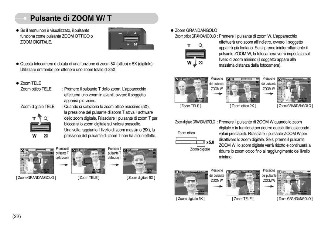 Samsung EC-S1050BBA/IT, EC-S1050BDA/DE, EC-S1050SDA/DE, STC-S1050S, EC-S1050SBA/IT manual Pulsante di Zoom W/ T, Zoom Digitale 