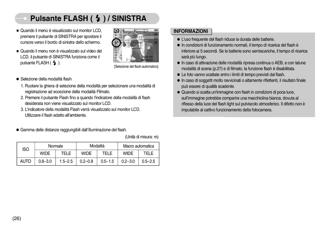 Samsung EC-S1050BDA/DE, EC-S1050SDA/DE, STC-S1050S, EC-S1050SBA/IT, EC-S1050BBA/E1 Pulsante Flash / Sinistra, Wide Tele Auto 