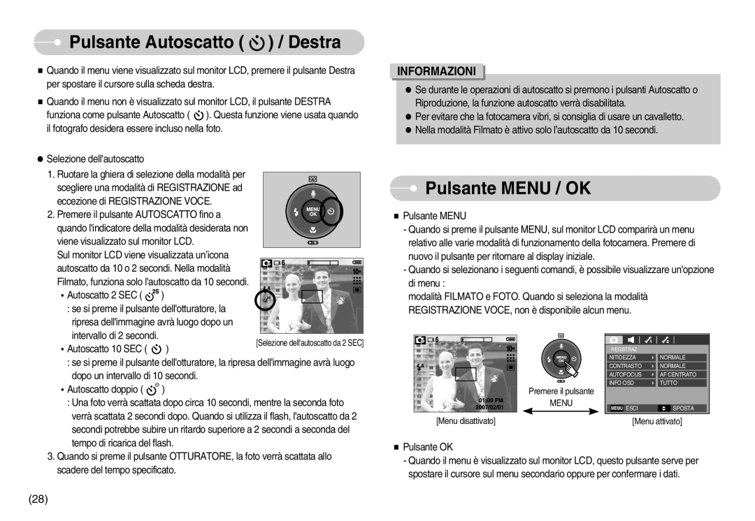 Samsung STC-S1050S, EC-S1050BDA/DE, EC-S1050SDA/DE, EC-S1050SBA/IT manual Pulsante Autoscatto / Destra, Pulsante Menu / OK 