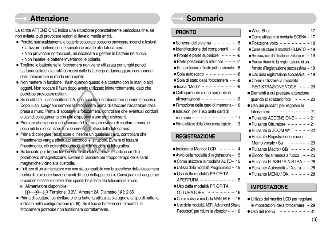 Samsung EC-S1050BBA/E1, EC-S1050BDA/DE, EC-S1050SDA/DE, STC-S1050S, STC-S1050B Attenzione, Sommario, Registrazione Voce ………20 