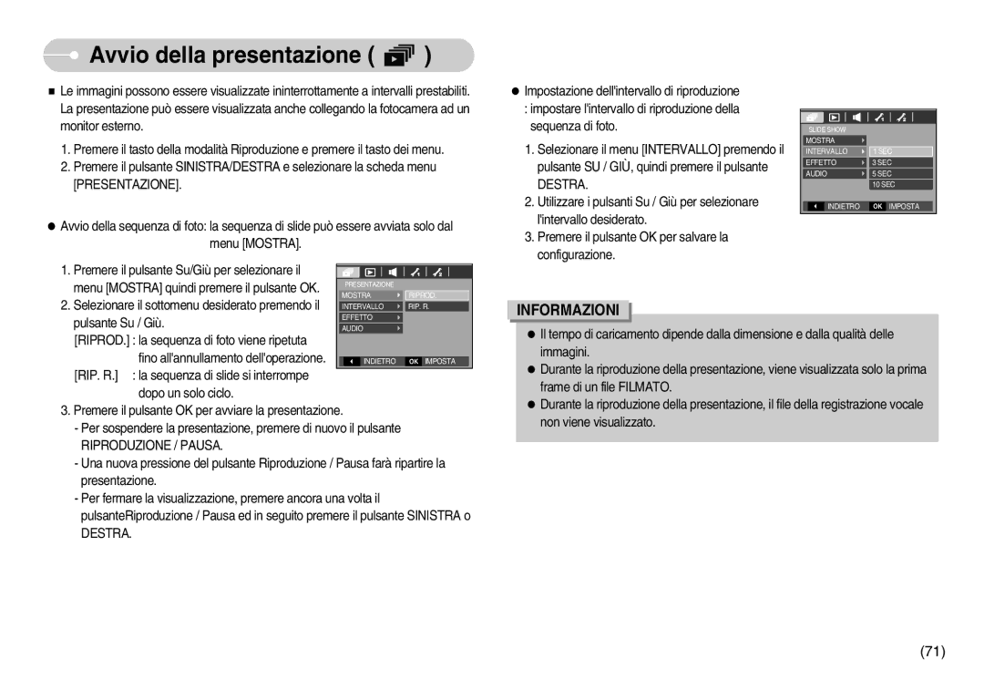 Samsung EC-S1050BDA/DE, EC-S1050SDA/DE, STC-S1050S manual Avvio della presentazione, Presentazione, Riproduzione / Pausa 