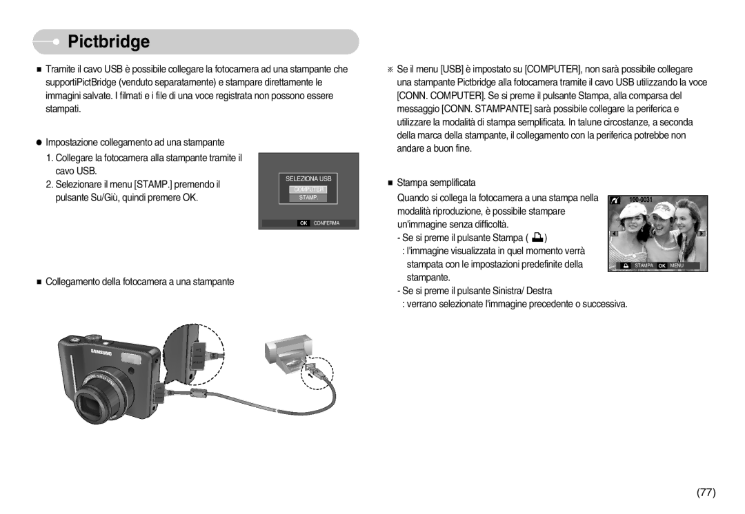 Samsung EC-S1050SFB/IT, EC-S1050BDA/DE, EC-S1050SDA/DE, STC-S1050S, EC-S1050SBA/IT, EC-S1050BBA/E1 manual Pictbridge, Stampante 