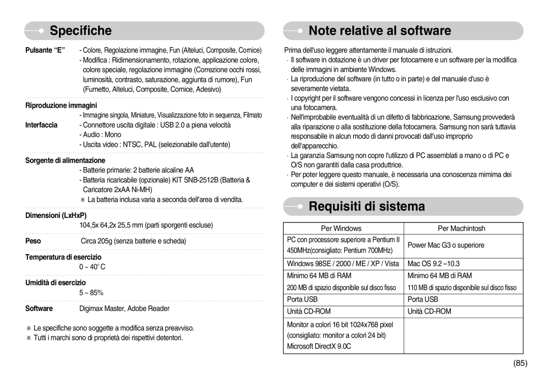 Samsung EC-S1050BBA/IT, EC-S1050BDA/DE, EC-S1050SDA/DE, STC-S1050S, EC-S1050SBA/IT manual Requisiti di sistema, Interfaccia 