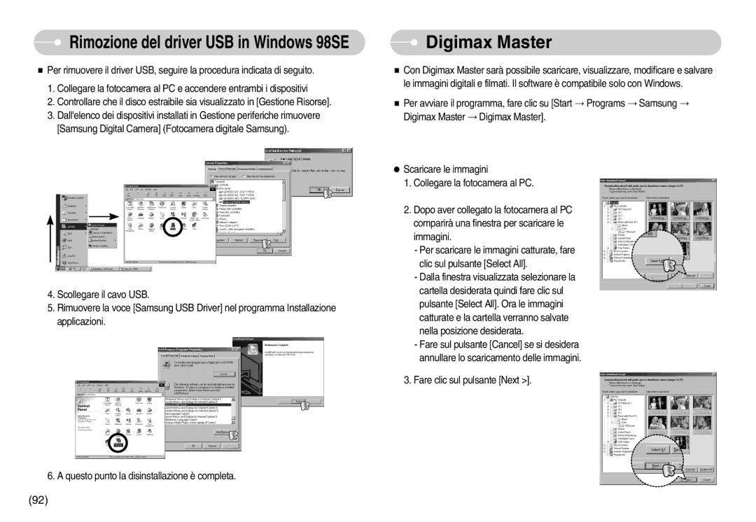 Samsung EC-S1050SBA/IT, EC-S1050BDA/DE, EC-S1050SDA/DE, STC-S1050S Digimax Master, Rimozione del driver USB in Windows 98SE 