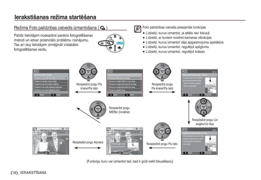 Samsung EC-S1060SBA/RU manual Režīma Foto palīdzības ceļvedis izmantošana `, Foto palīdzības ceļveža pieejamās funkcijas 