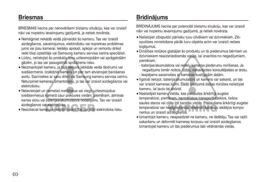 Samsung EC-S1060SBA/RU, EC-S1060BBA/RU manual Briesmas, Brīdinājums 