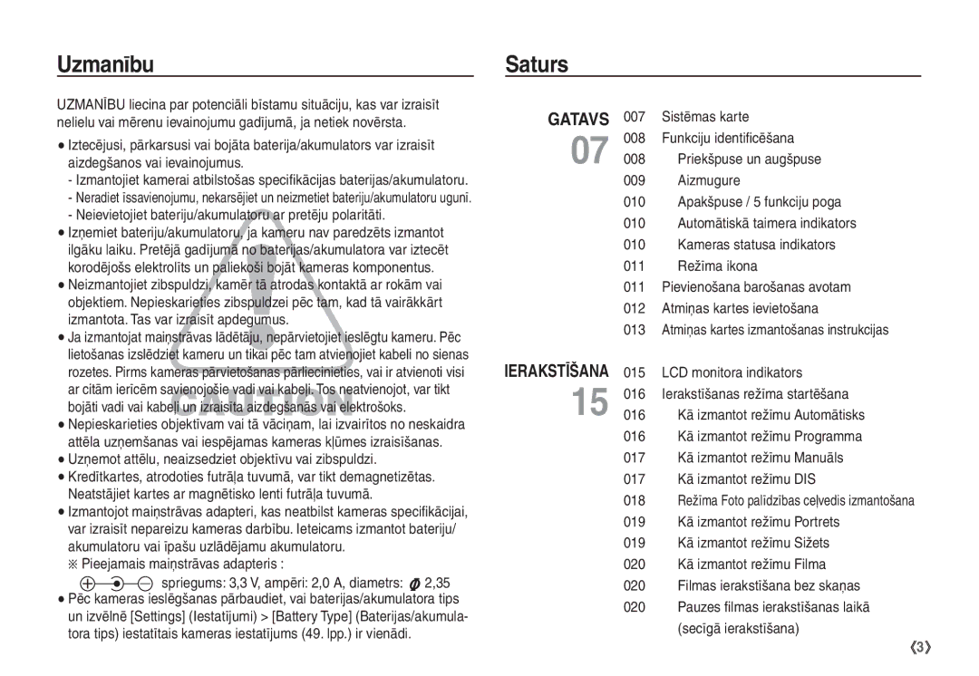 Samsung EC-S1060BBA/RU, EC-S1060SBA/RU manual Uzmanību, Saturs, Neievietojiet bateriju/akumulatoru ar pretēju polaritāti 