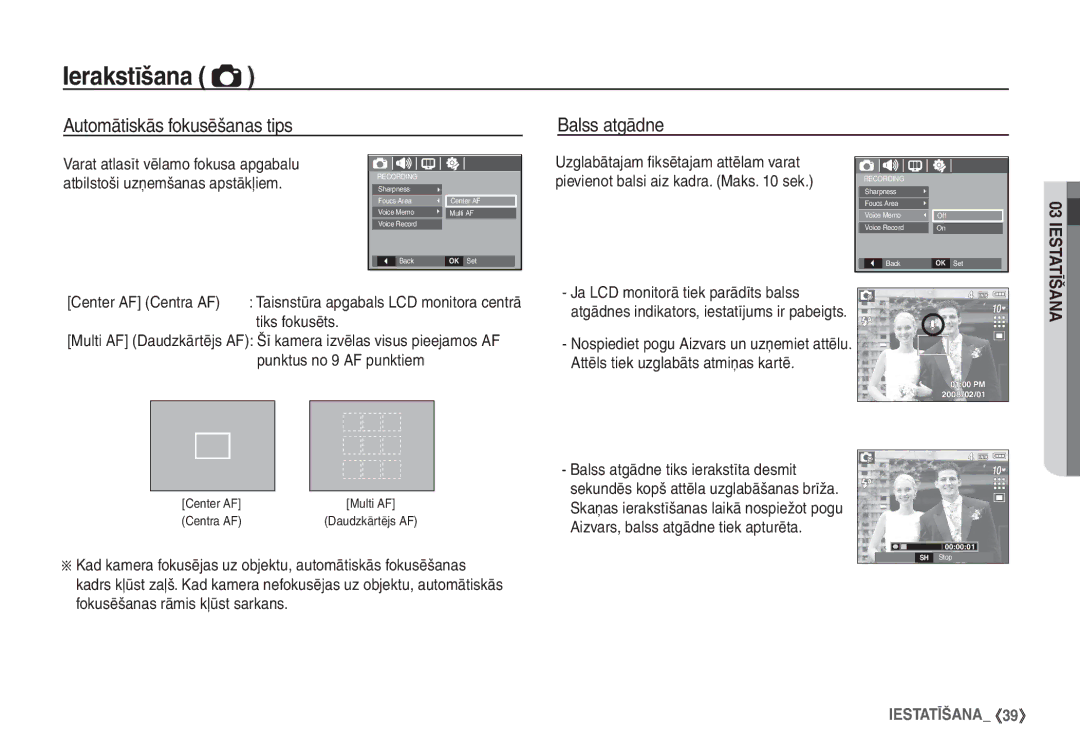 Samsung EC-S1060BBA/RU, EC-S1060SBA/RU manual Automātiskās fokusēšanas tips Balss atgādne, Centra AF 