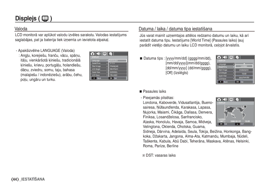 Samsung EC-S1060SBA/RU, EC-S1060BBA/RU manual Displejs, Valoda, Datuma / laika / datuma tipa iestatīšana 