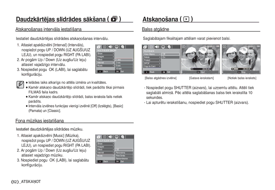 Samsung EC-S1060SBA/RU, EC-S1060BBA/RU manual Atskaņošana à, Atskaņošanas intervāla iestatīšana, Fona mūzikas iestatīšana 