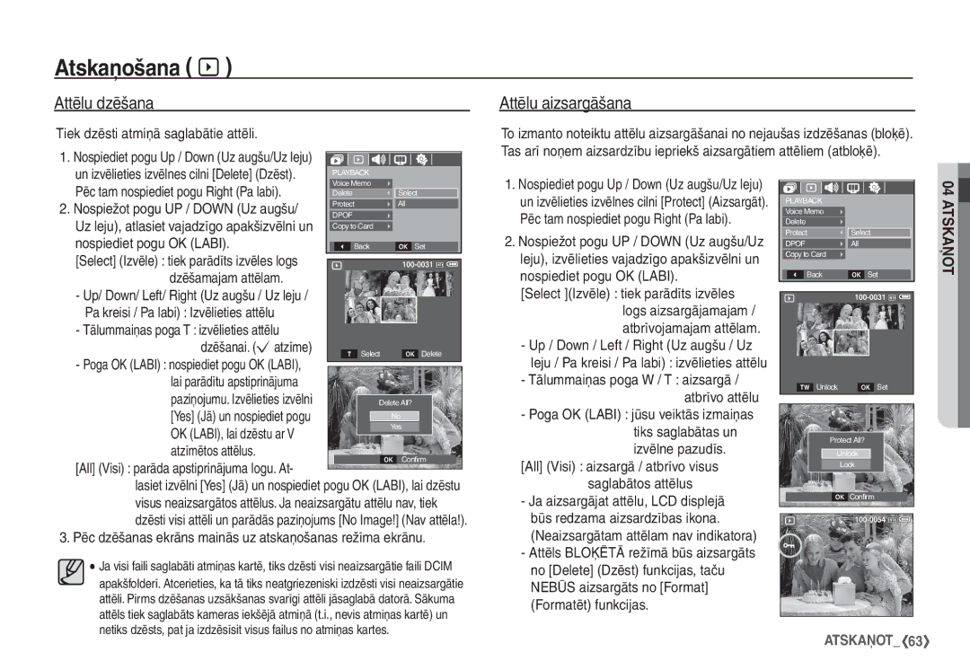 Samsung EC-S1060BBA/RU, EC-S1060SBA/RU manual Attēlu dzēšana Attēlu aizsargāšana 