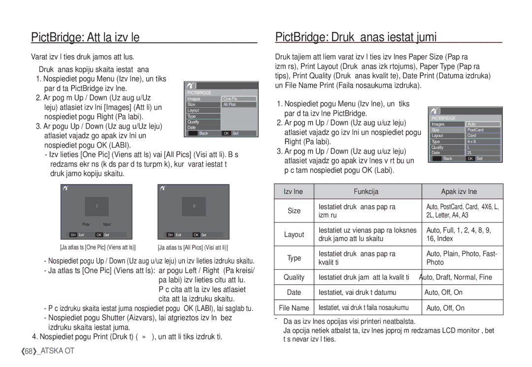 Samsung EC-S1060SBA/RU manual PictBridge Attēla izvēle, PictBridge Drukāšanas iestatījumi, Parādīta PictBridge izvēlne 