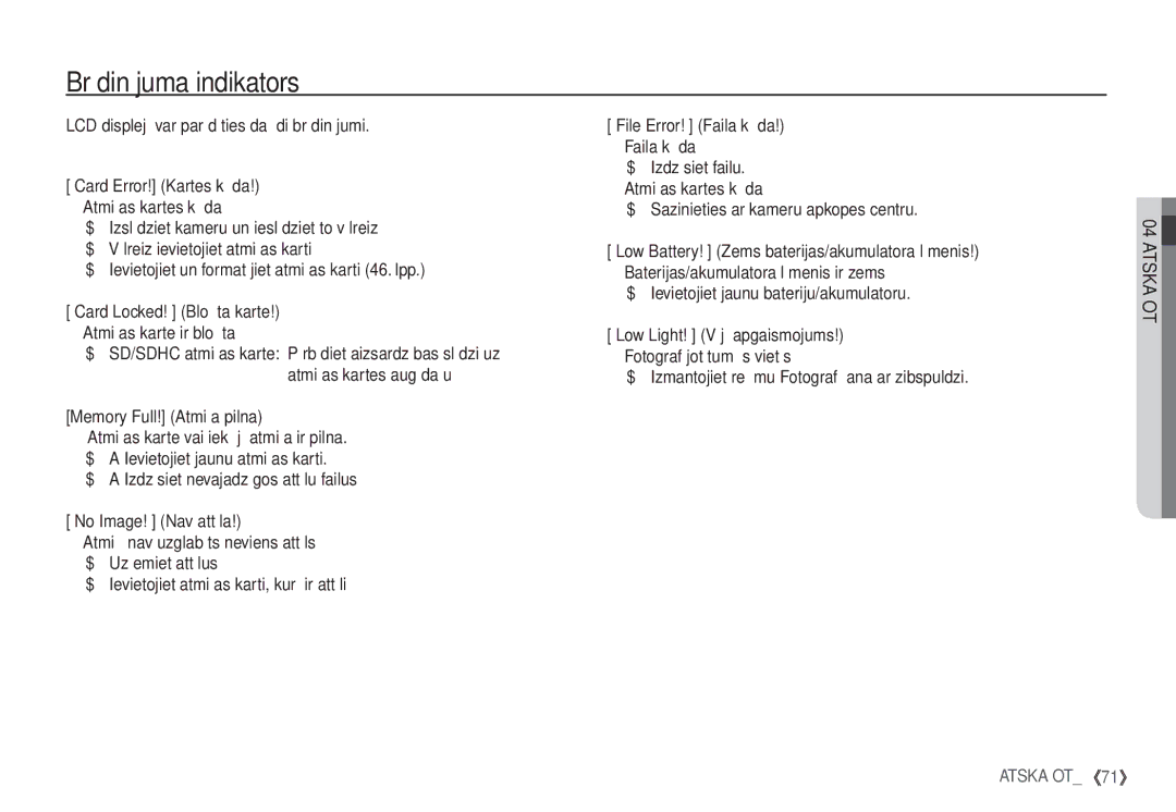 Samsung EC-S1060BBA/RU, EC-S1060SBA/RU manual Brīdinājuma indikators 