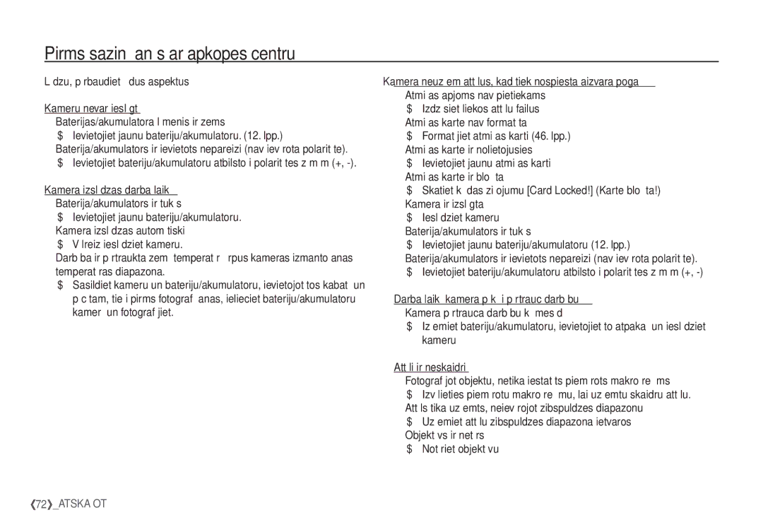 Samsung EC-S1060SBA/RU, EC-S1060BBA/RU manual Pirms sazināšanās ar apkopes centru, Lūdzu, pārbaudiet šādus aspektus 