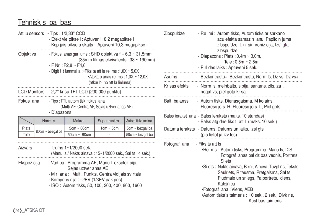 Samsung EC-S1060SBA/RU, EC-S1060BBA/RU manual Tehniskās īpašības 