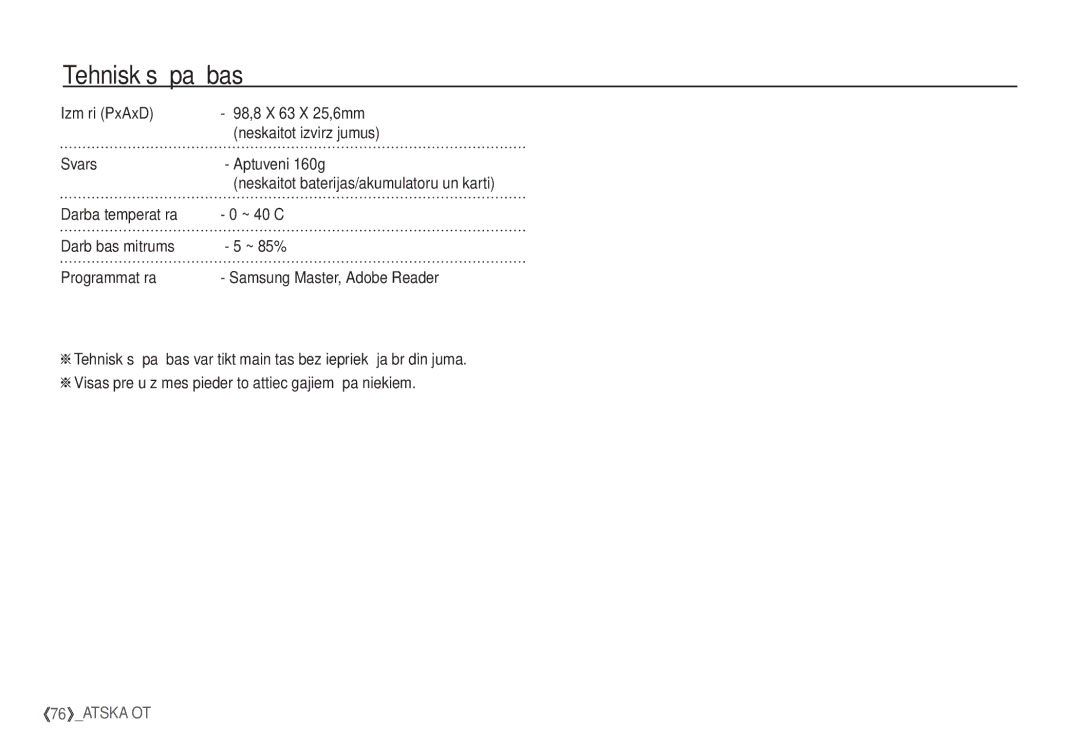 Samsung EC-S1060SBA/RU, EC-S1060BBA/RU manual Neskaitot baterijas/akumulatoru un karti 