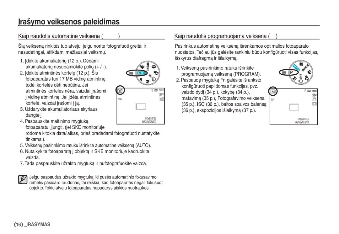 Samsung EC-S1060SBA/RU, EC-S1060BBA/RU manual Įrašymo veiksenos paleidimas, Kaip naudotis automatine veiksena μ 