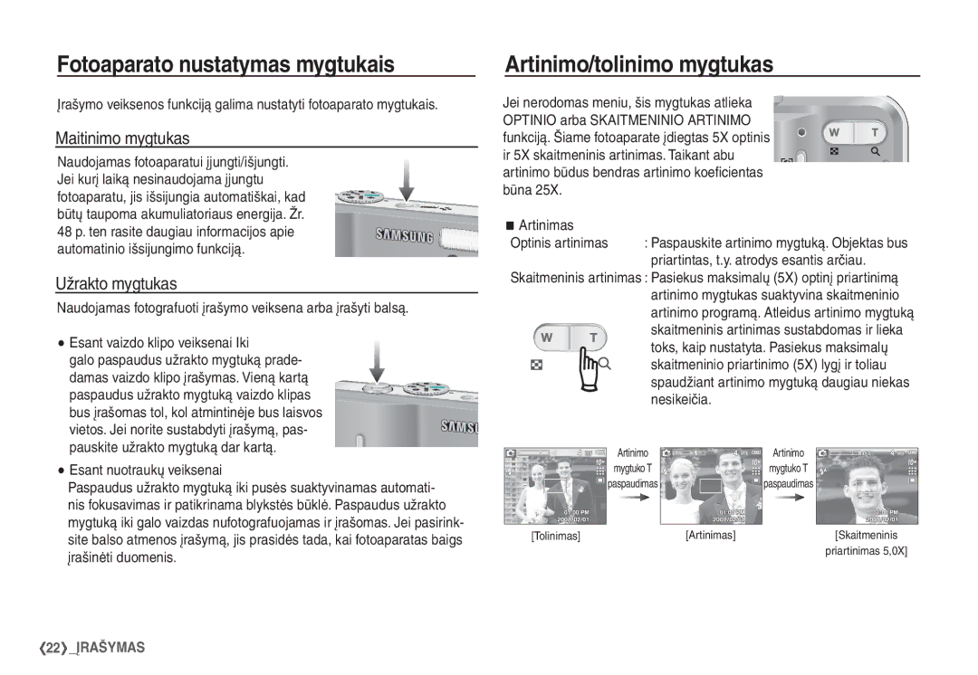 Samsung EC-S1060SBA/RU Fotoaparato nustatymas mygtukais, Artinimo/tolinimo mygtukas, Maitinimo mygtukas, Užrakto mygtukas 