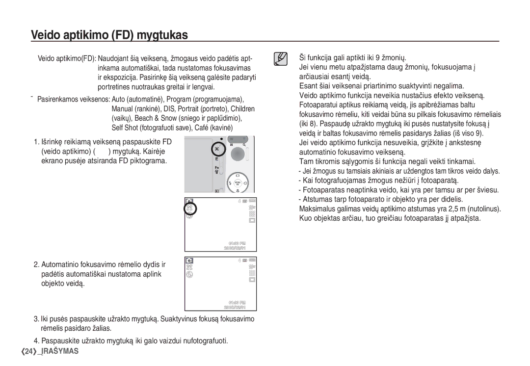 Samsung EC-S1060SBA/RU, EC-S1060BBA/RU manual Veido aptikimo FD mygtukas, Išrinkę reikiamą veikseną paspauskite FD 