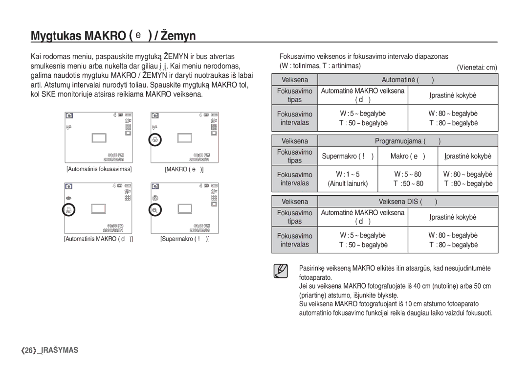 Samsung EC-S1060SBA/RU, EC-S1060BBA/RU manual Mygtukas Makro e / Žemyn, Automatinė Š, Supermakro Makro e, Veiksena DIS ÿ 