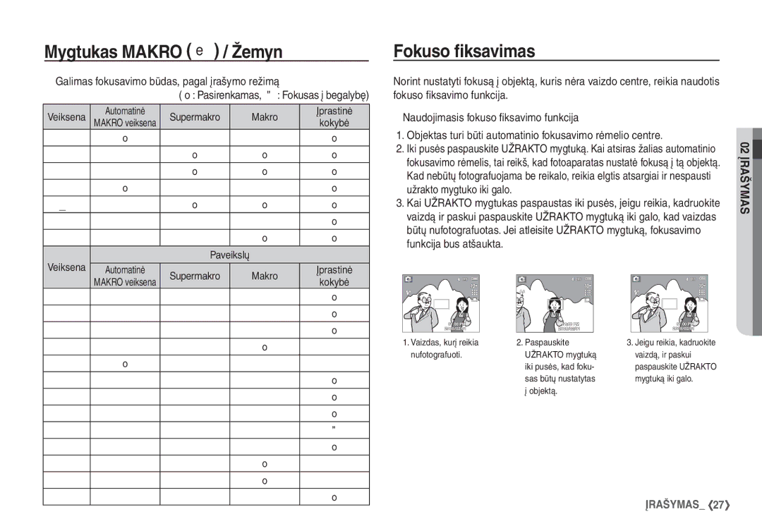 Samsung EC-S1060BBA/RU, EC-S1060SBA/RU manual Fokuso ﬁksavimas, Užrakto mygtuko iki galo, Funkcija bus atšaukta 