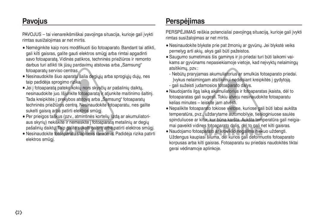 Samsung EC-S1060SBA/RU, EC-S1060BBA/RU manual Pavojus, Perspėjimas, Gali sužeisti judamosios fotoaparato dalys 