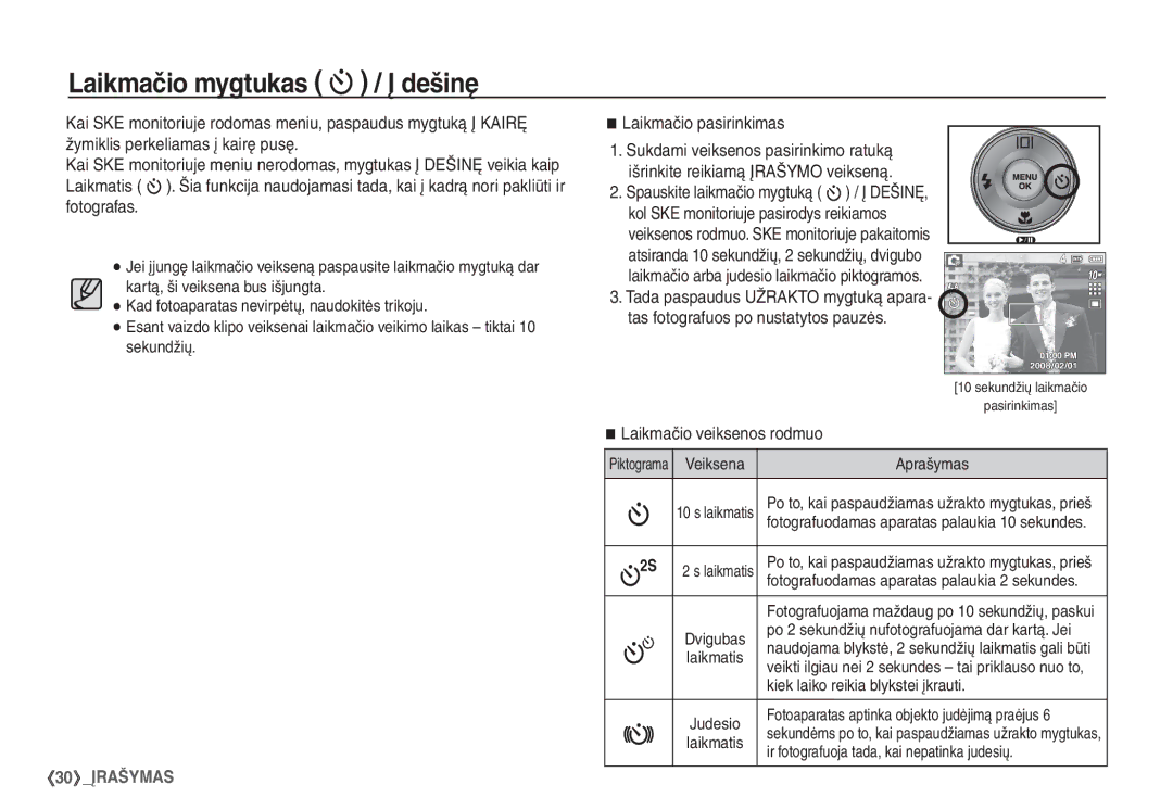 Samsung EC-S1060SBA/RU, EC-S1060BBA/RU Laikmačio mygtukas / Į dešinę, Laikmačio pasirinkimas, Laikmačio veiksenos rodmuo 