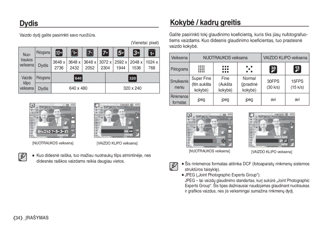 Samsung EC-S1060SBA/RU, EC-S1060BBA/RU manual Dydis, Kokybė / kadrų greitis 