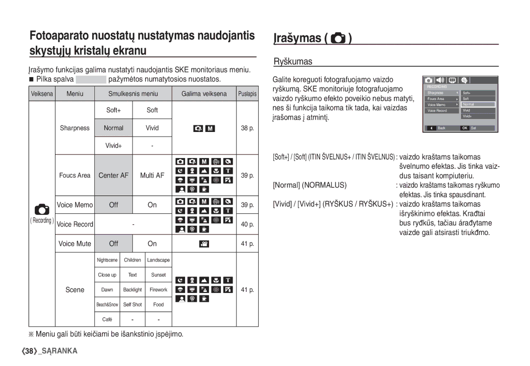 Samsung EC-S1060SBA/RU, EC-S1060BBA/RU manual Įrašymas, Ryškumas, Pilka spalva pažymėtos numatytosios nuostatos 